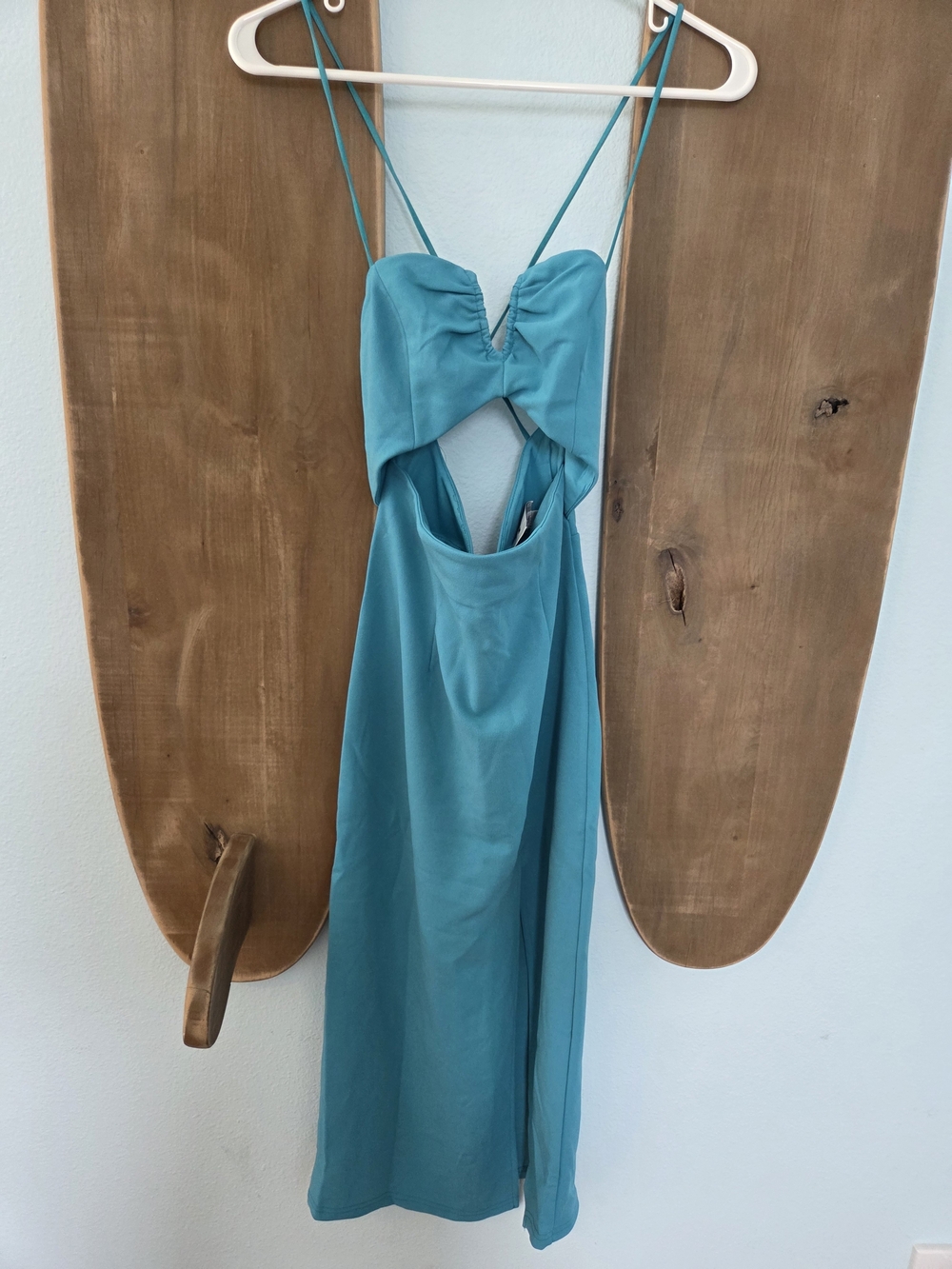 Hello Molly Teal Cutout Midi Dress with Spaghetti Straps